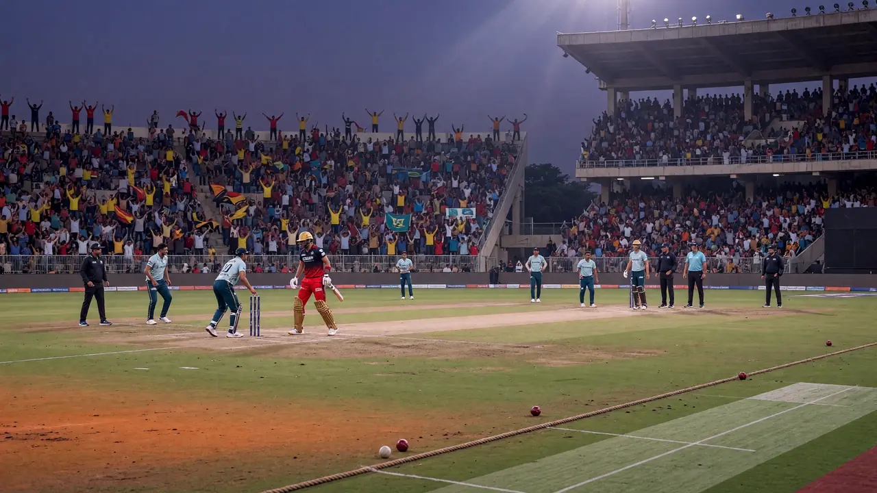 Wide evening view of a mountain-backed cricket stadium prepared for an IPL playoff match