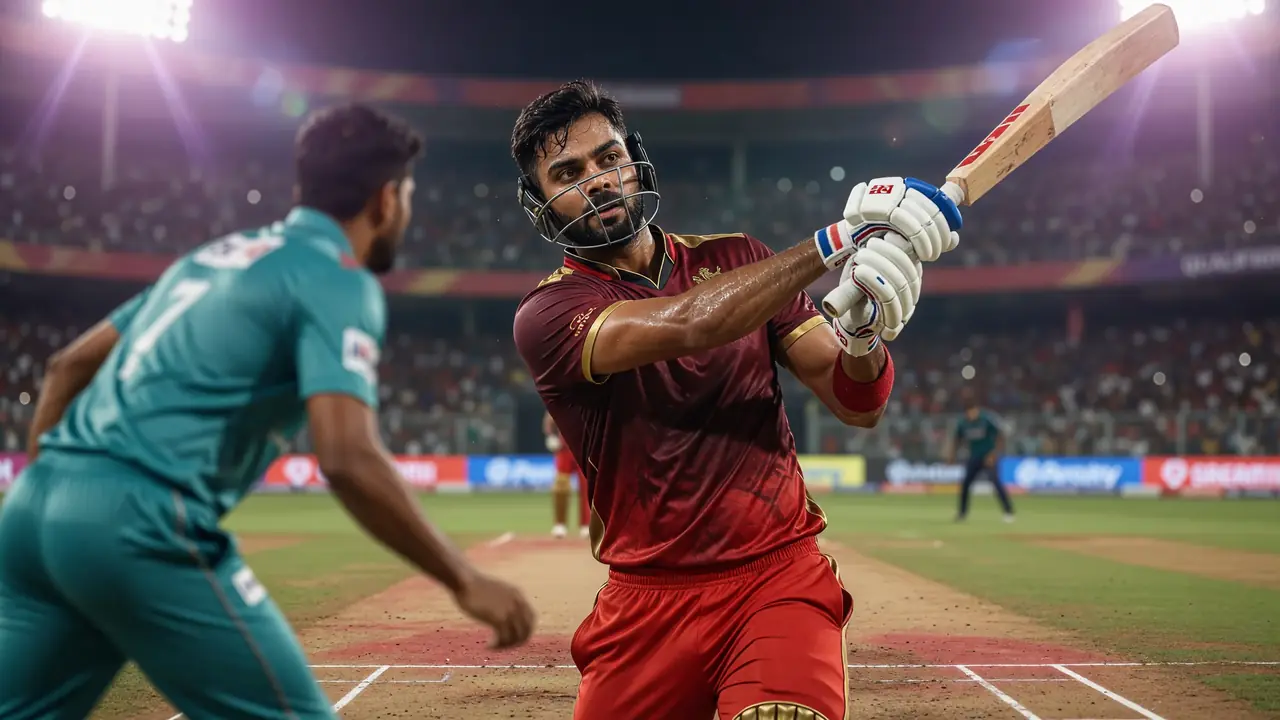 A batter drives through the off side under stadium lights during a T20 innings
