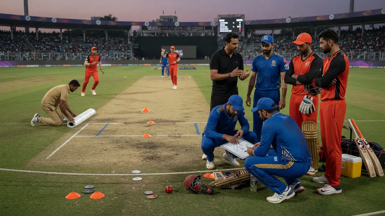 Fielders set an attacking ring on a green outfield as a bowler walks back to his mark